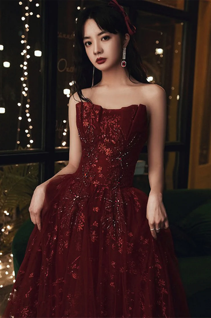 Wine Red Floral Lace and Tulle Long Evening Gown Party Dress, Burgundy Formal Dresses Y1661