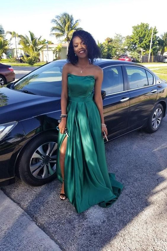 Hunter Green Satin Prom Dresses,Strapless Maxi Long Dress with Side Slit  Y6290