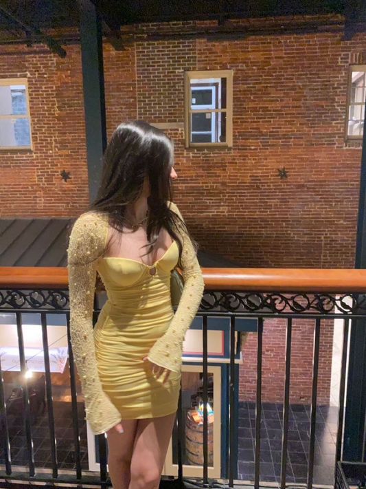 Women's Long-Sleeve Pearl Dresses,Yellow Bodycon Dress Mini Homecoming Dress Y2839