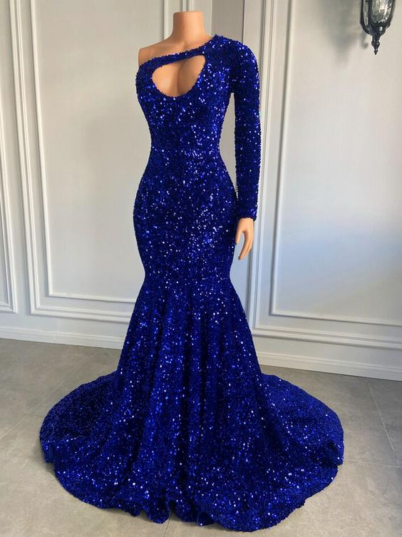 Sparkly One Shoulder Royal Blue Sequin Mermaid Style Prom Dress Y6874