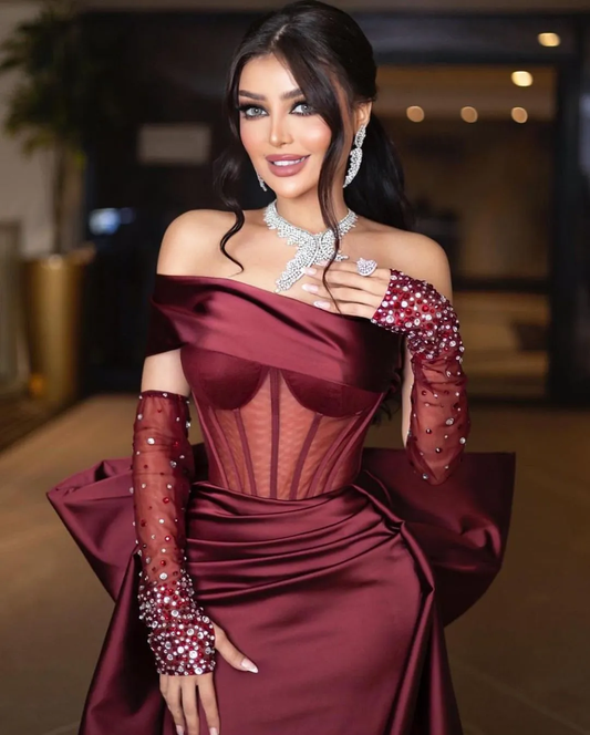 One Shoulder Mermaid Dresses with Beaded Gloves for Women Elegant Party Gown Formal Prom Dresses Court Train  Y4617