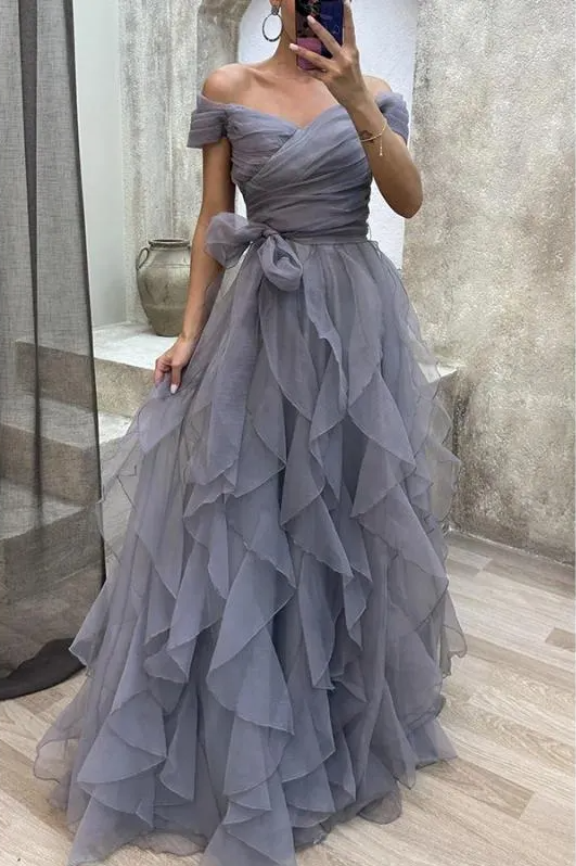 Off The Shoulder Purple Tulle Prom Dress,A-line Prom Gown Y5632