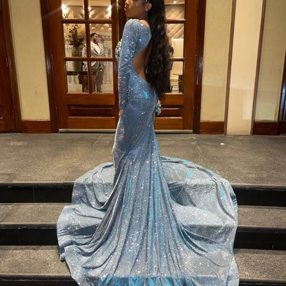 Gorgeous Blue Satin Beaded Appliques Formal Prom Dress Sexy Backless Mermaid Evening Dress Y7949