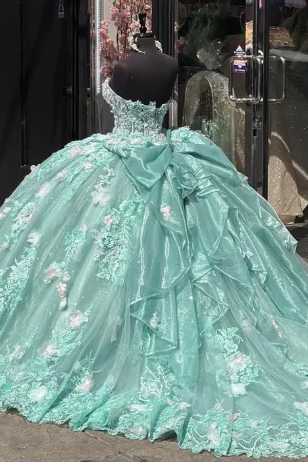 Charming Strapless Lace Appliques Ball Gown,Green A Line Birthday Quinceanera Dress Y8246