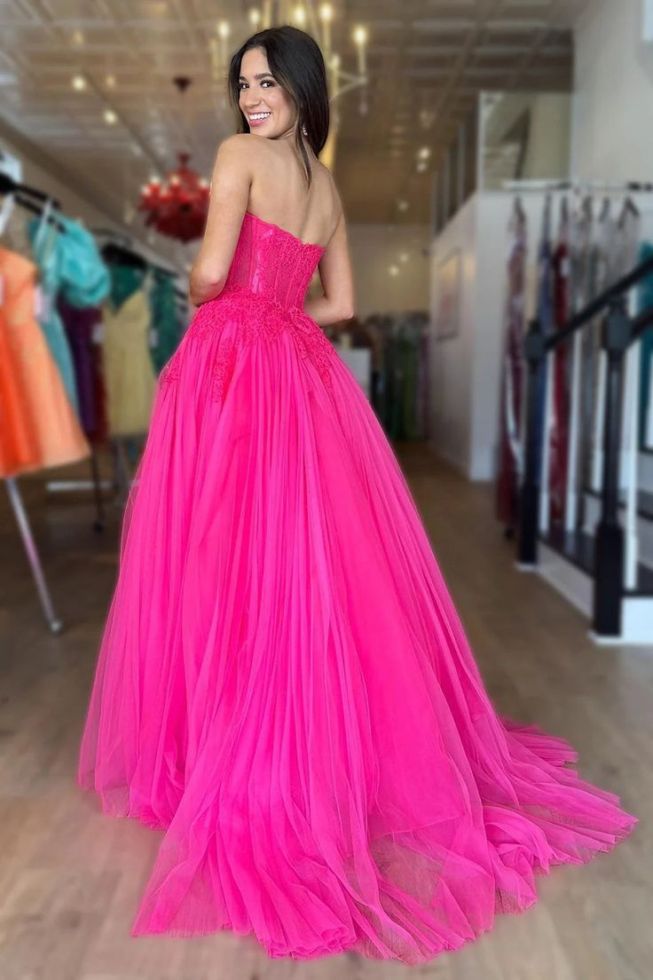 Hot Pink Tulle Sweetheart Long Prom Dress Y5464