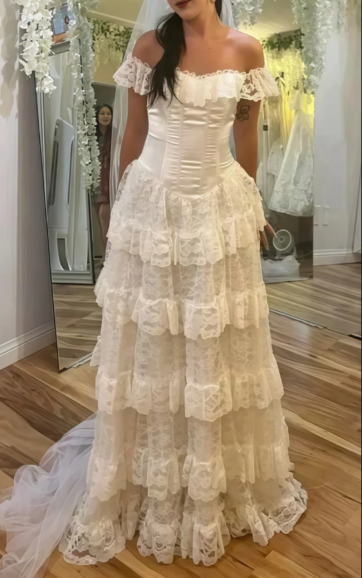 Vintage Off The Shoulder White Lace Layered Wedding Dress, Ruffle Long Bridal Dress Prom Dress Y8015