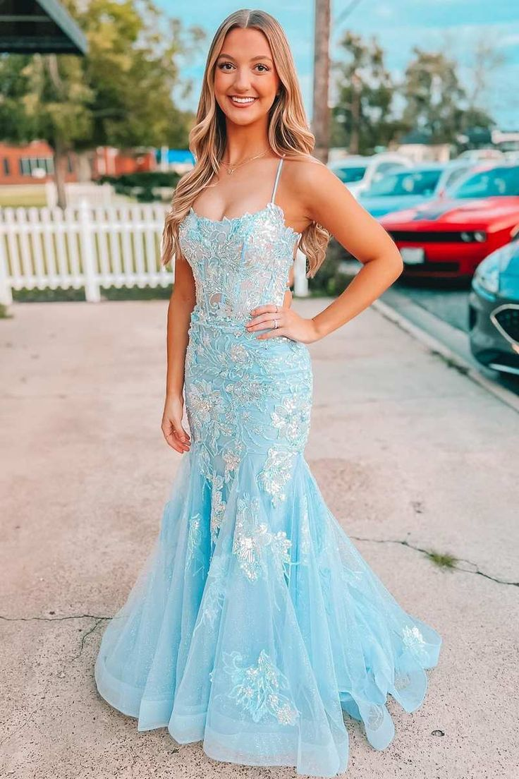 Light Blue Appliques Straps Lace-Up Mermaid Long Prom Dress  Y6179