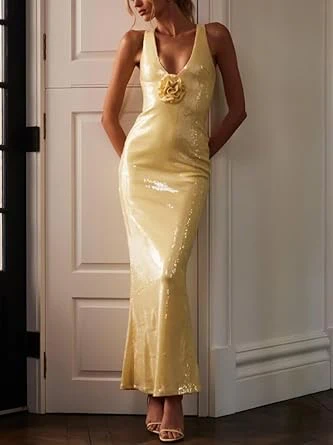 Sexy V Neck Yellow Sequins Sheath Prom Evening Dress With Flowers Y7891