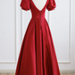 Red Satin Long Prom Dress, Simple A-Line Short Sleeve Evening Party Dress Y5504