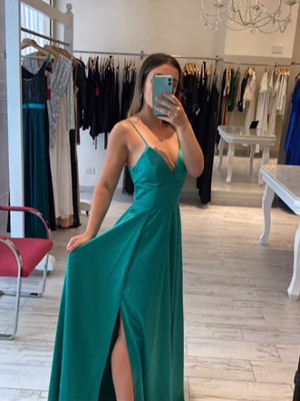 Classic A-line Spaghetti Straps Green Satin Prom Dress,Graduation Dress Y1701