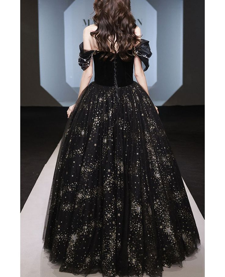 Sparkly Tulle Sequins A Line Ball Gown Off The Shoulder Black Prom Evening Dress Y8034