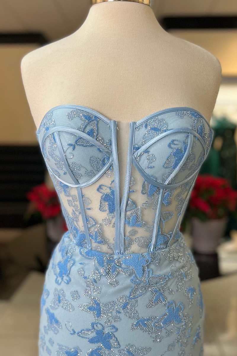 Light Blue Lace Sweetheart Trumpet Long Prom Dress Y4025