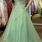 Dusty Sage A-line Lace-Up Back Applique Tulle Long Prom Dress  Y4005