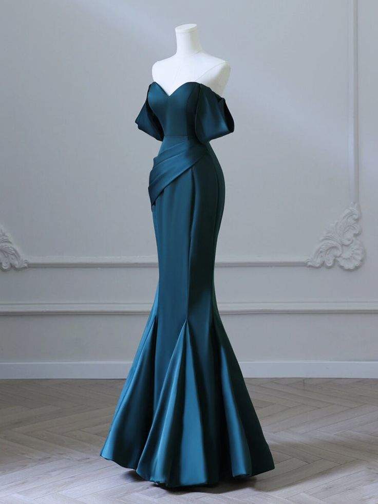 Simple Off Shoulder Satin Ink Blue Long Prom Dress, Ink Blue Long Formal Dress Y7348