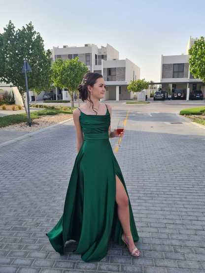 Green A line Prom Dresses Long Side Slit,Green Senior Prom Gown Y6304