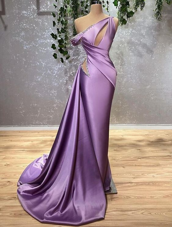 Purple Prom Dresses, Keyhole Prom Dresses, Satin Evening Dresses Y4285