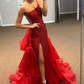 Red One Shoulder Mermaid Slit Sequins Long Prom Dress Formal Evening Gown Y7884