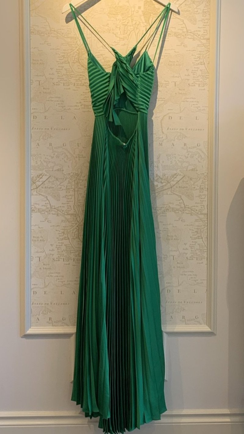 Green Long Pleated Tie Back Evening Dress Y4000