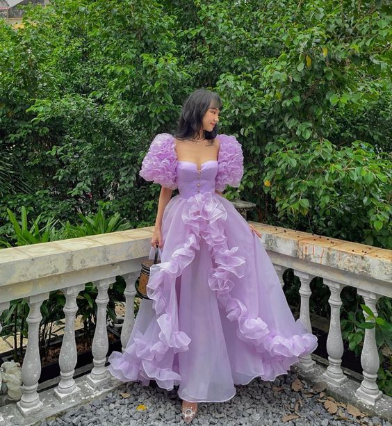 Lavender Organza Princess Prom Dress Short Puff Sleeve Ruffles A Line Maxi Dress Formal Graduation Gowns Y6398