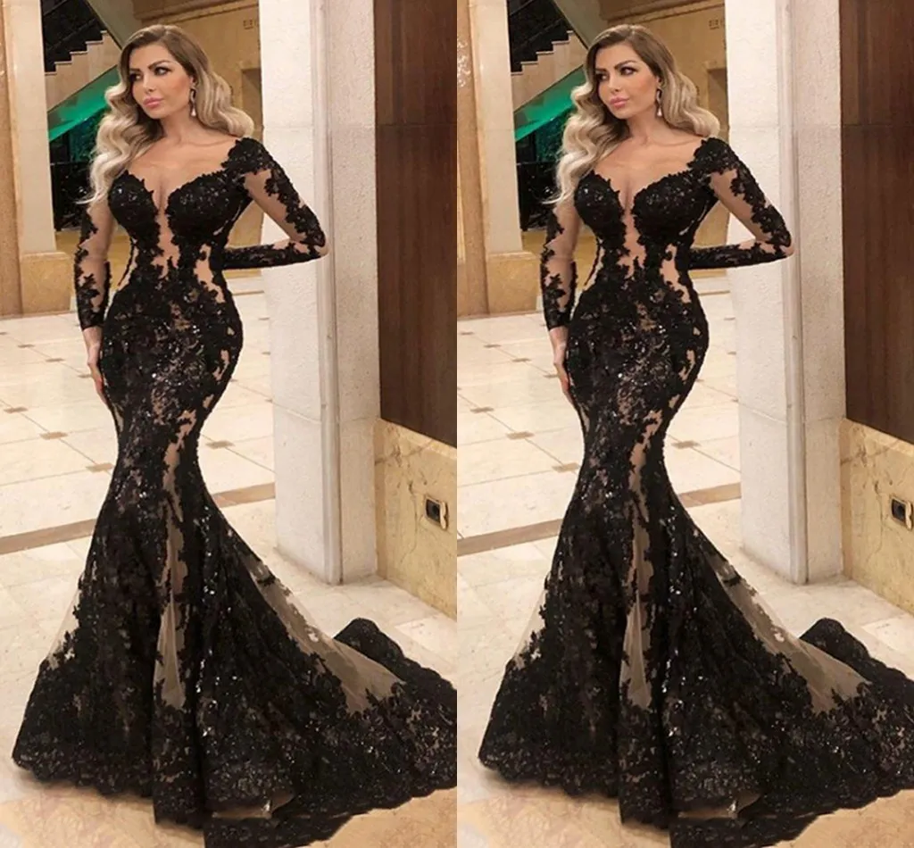 modest black prom dresses long sleeve lace appliqué elegant evening gown formal dresses S11019