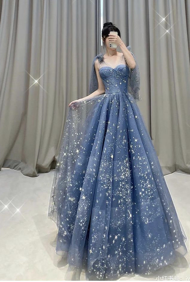 Blue Tulle Prom Gown Evening Dress Long Prom Dress Y4901