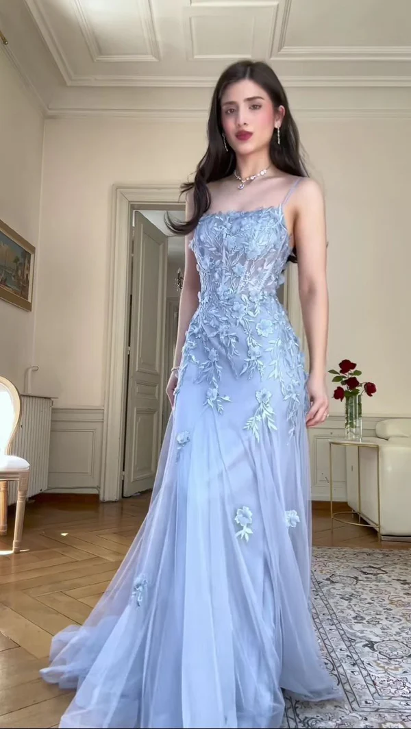 Classy Blue Tulle Appliques Mermaid Evening Dress,Long Prom Dress Y8156