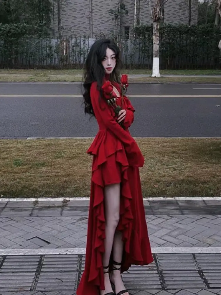 Women Autumn Long Sleeve Midi Dress Elegant Ruffles Red Square Neck Irregular Prom Dress  Y5190