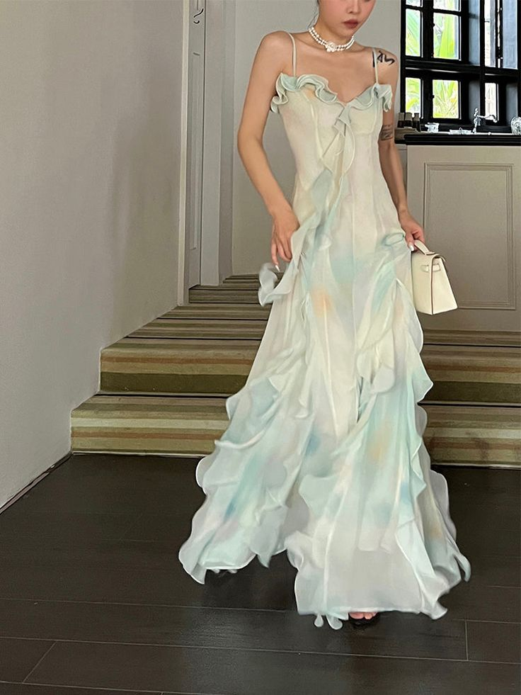 Beautiful Green Chiffon Layered Ruffle Prom Dress Straps Evening Gown Y7897