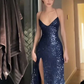 Womens Navy Sequined Slit Spaghetti Strap V Neck Full-Length Prom Dress Y6490