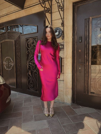 Simple Hot Pink Long Sleeve Midi-length Prom Dress Y6900