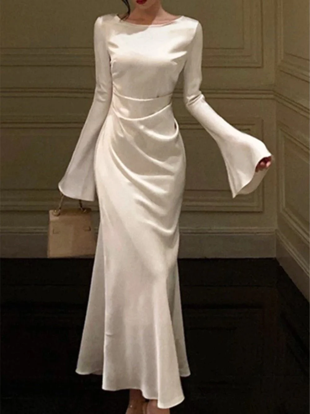 Women's O-Neck Satin Evening Dress,Simple White Cocktail Dress Y6894