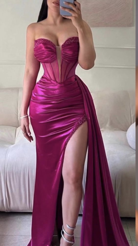 Mermaid Fuchsia Satin Strapless Prom Dress With Slit  Y4044