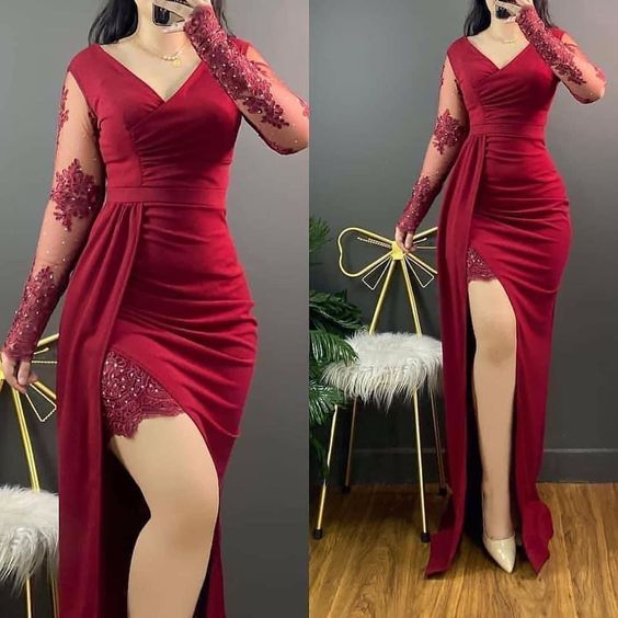 Burgundy Long Sleeves Prom Dresses,Elegant Prom Gowns Y6059