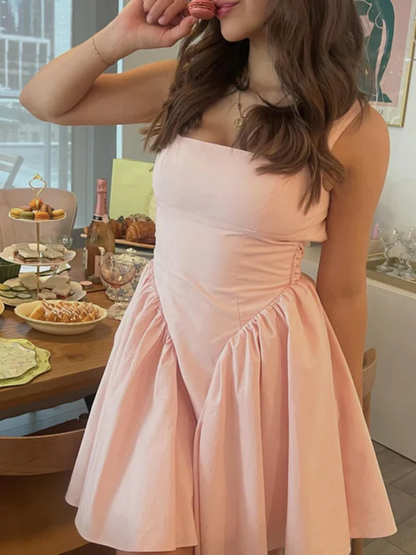 Simple Pink Satin Short Prom Dress, Open Back Homecoming Dress Y7850