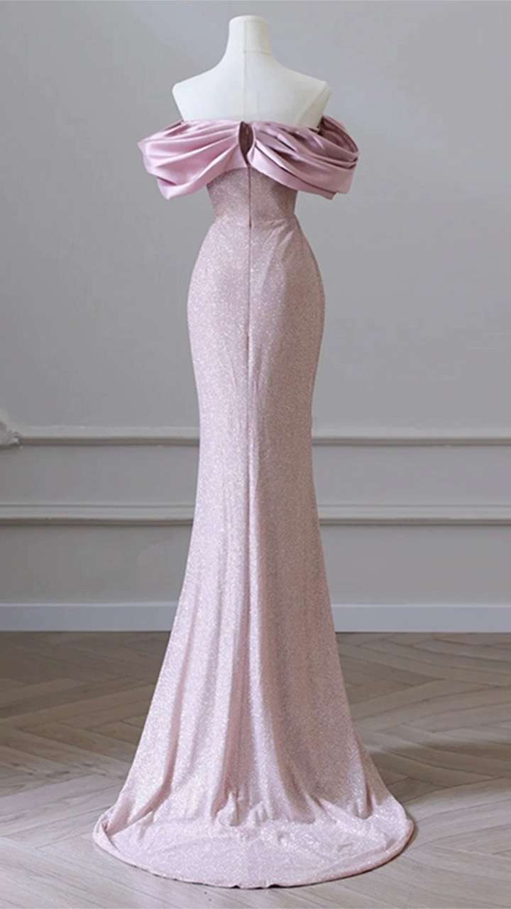 Flesh Pink Sequin Evening Gown Elegant Women's Off Shoulder Party Prom Evening Dress  Y6963