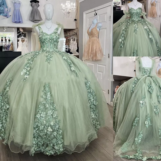 Women's Spaghetti Quinceanera Ball Gown Lace Applique for Sweet 15 16 Dresses Y3038