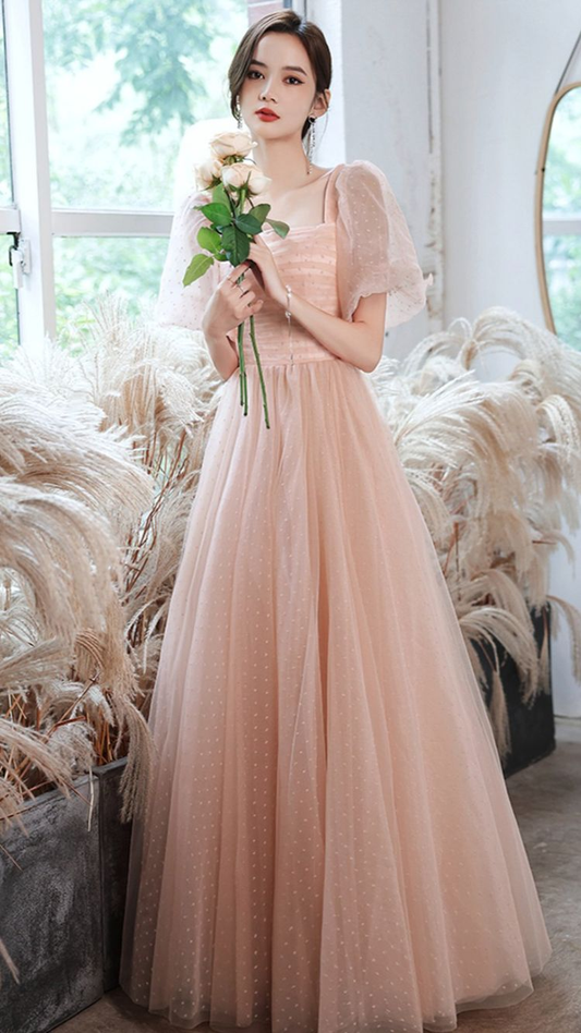 Pink tulle long A line prom dress pink evening gown Y1926