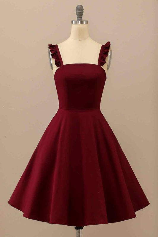 Burgundy A-line Ruffle Straps Satin Mini Homecoming Dress Y2176