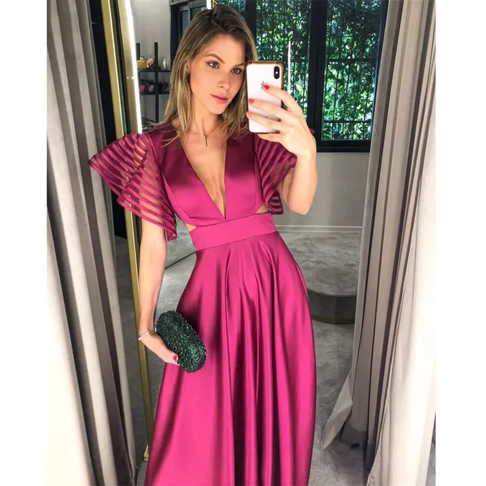 Fuchsia Sexy V Neck Elegant Evening Dresses For Women Y5036