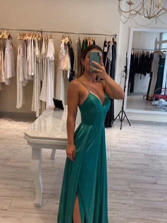 Classic A-line Spaghetti Straps Green Satin Prom Dress,Graduation Dress Y1701