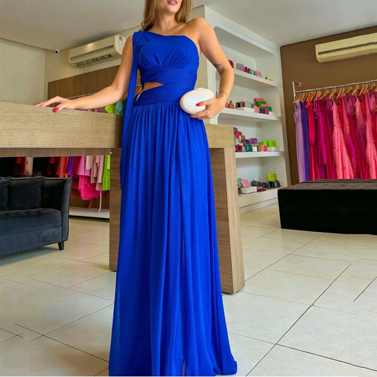 Royal Blue One Shoulder Long Evening Dress Women Sexy Formal Chiffon Prom Party Gowns Y4838