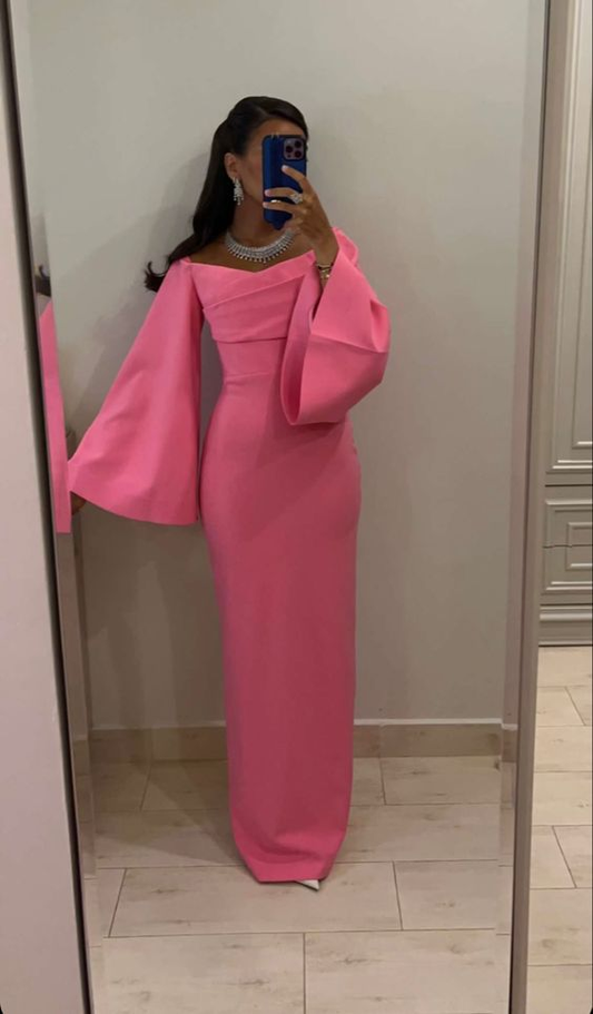 Pink Sheath/Column Evening Gown Long Sleeves,Pink Prom Dress Y6039