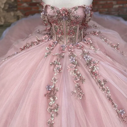 Pink Tulle Floral Appliques Ball Gown Sweet 16 Dress  Y527