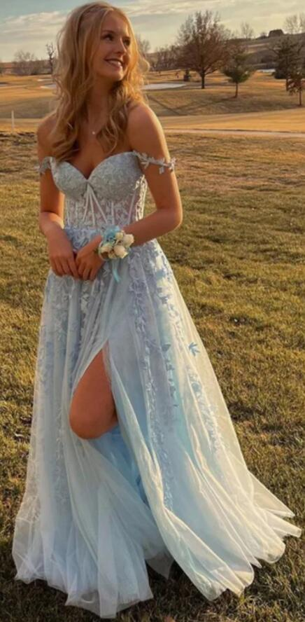 Blue Lace Appliques A-line Long Prom Dress,Blue Graduation Dress Y7035