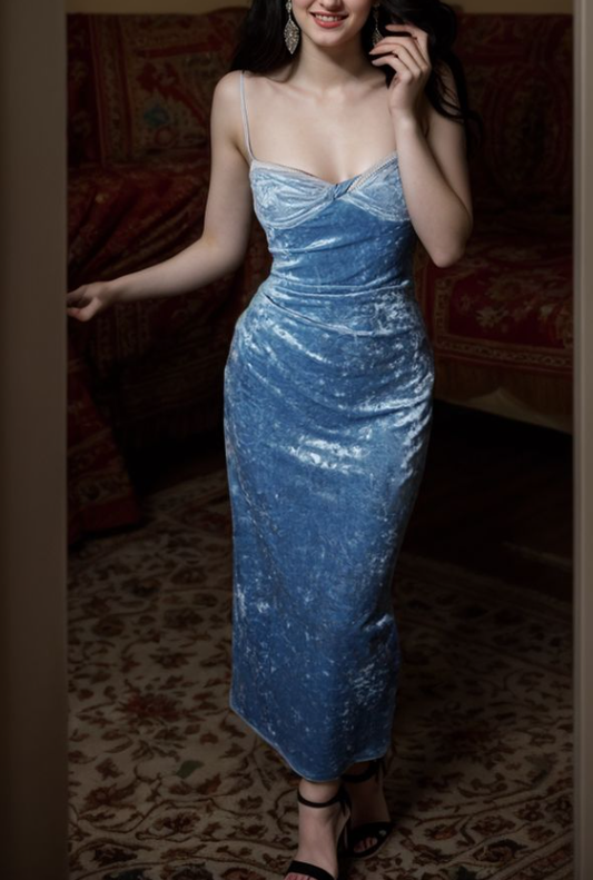 Elegant Blue velvet Prom Dress,Spaghetti Straps Evening Dress Y8193