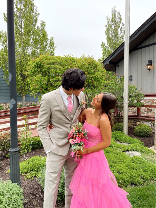 Elegant Open Back Layered Hot Pink Tulle Long Prom Dresses, Hot Pink Tulle Formal Graduation Evening Dresses Y2114