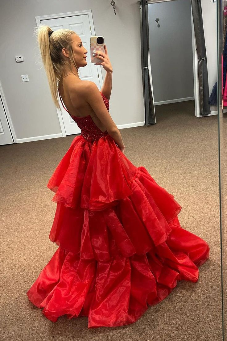 Red One Shoulder Mermaid Slit Sequins Long Prom Dress Formal Evening Gown Y7884