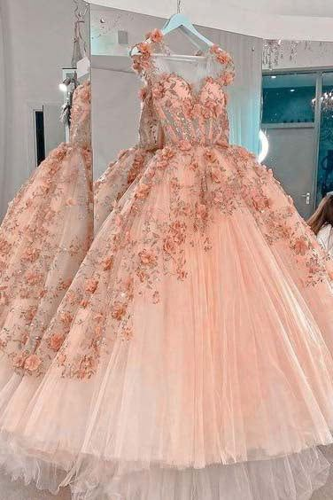 Blush Pink Flowers Applique Ball Gown,A Line Tulle Prom Dresses,Quinceanera Dresses Y388