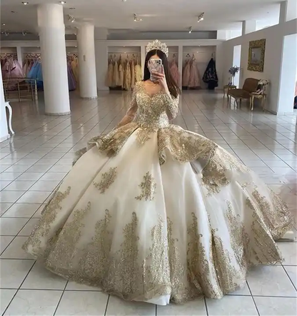 Champagne Ruffle Ball Gowns Quinceanera Dresses Sequin Beading Appliques Long Sleeve Formal Prom Princess Dress Y4952