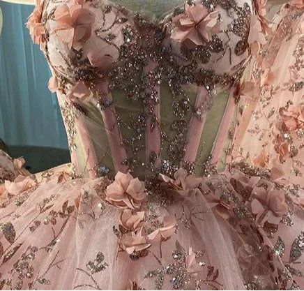 Blush Pink Flowers Applique Ball Gown,A Line Tulle Prom Dresses,Quinceanera Dresses Y388